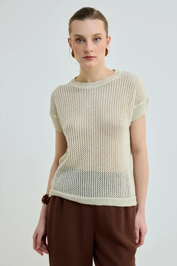 Glittery Hole Patterned Knit Blouse - Gold - 1