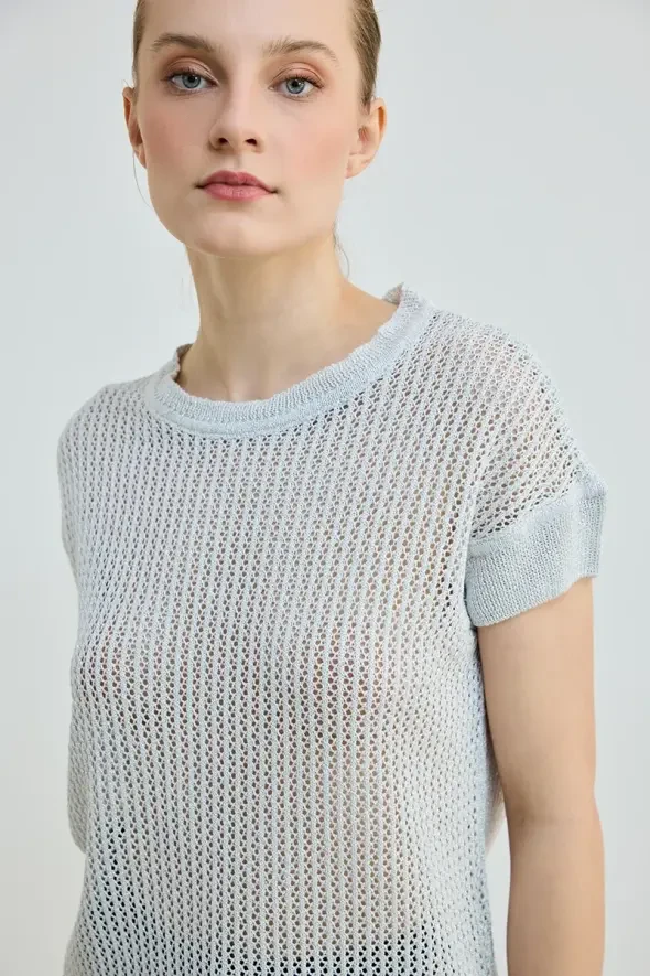 Glittery Hole Patterned Knit Blouse - Silver - 2