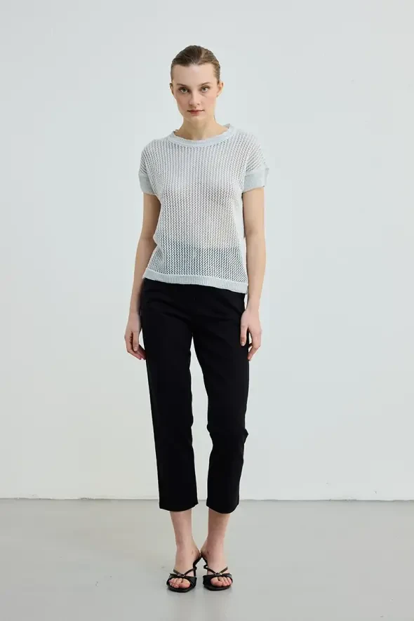 Glittery Hole Patterned Knit Blouse - Silver - 3