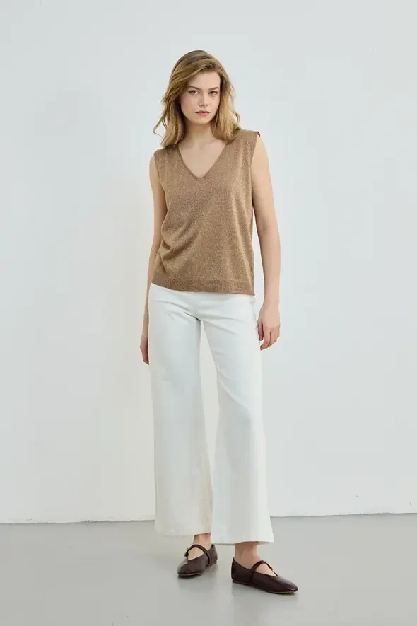 Glittery V-Neck Knit Tank Top - Copper - 2
