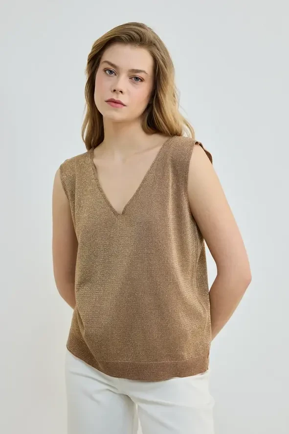 Glittery V-Neck Knit Tank Top - Copper - 1