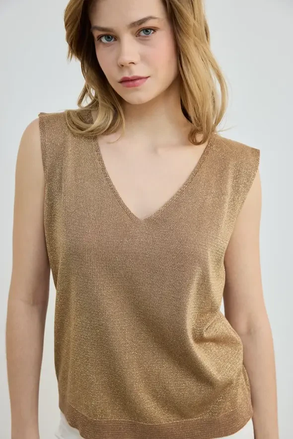 Glittery V-Neck Knit Tank Top - Copper - 3