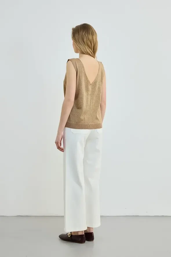 Glittery V-Neck Knit Tank Top - Copper - 4