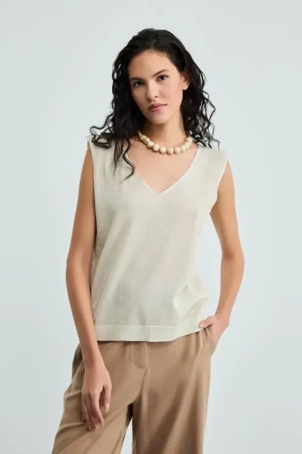 Glittery V-Neck Knit Tank Top - Gold - 1