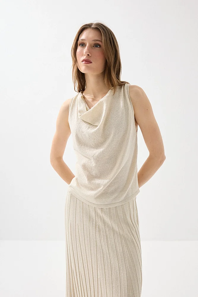 Glittery Viscose Knit Blouse with Cowl Neck - Ecru Ecru