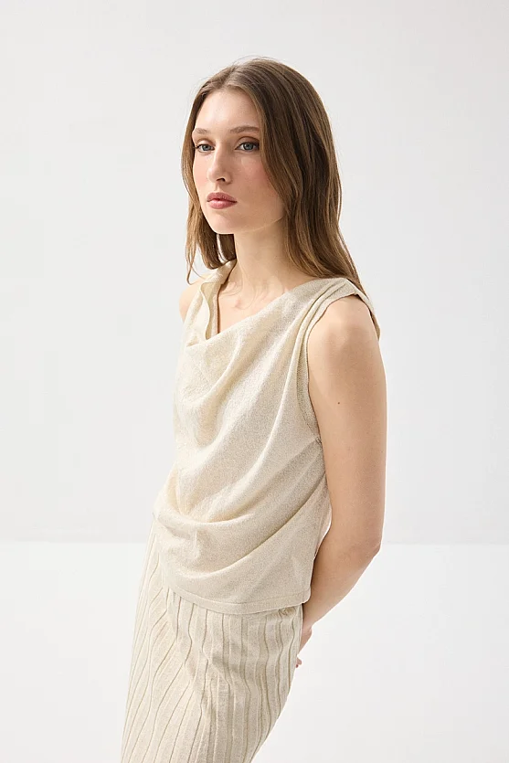 Glittery Viscose Knit Blouse with Cowl Neck - Ecru - Gusto
