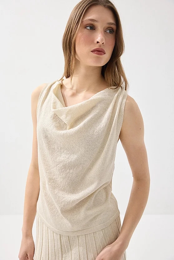 Glittery Viscose Knit Blouse with Cowl Neck - Ecru - 3