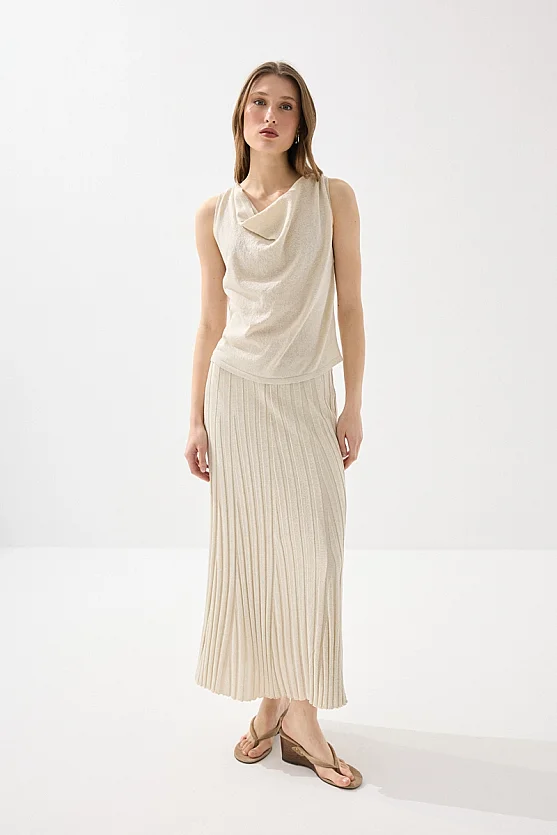 Glittery Viscose Knit Blouse with Cowl Neck - Ecru - 2