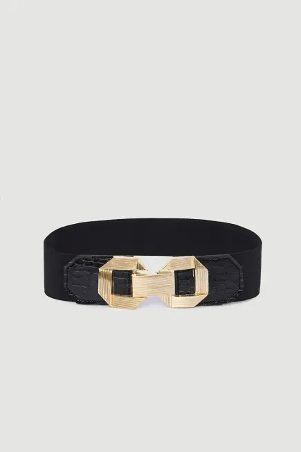 Gold Buckle Elastic Belt - Black Black