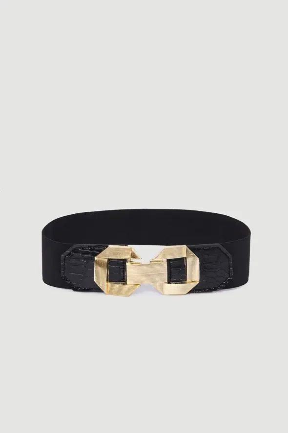 Gold Buckle Elastic Belt - Black - 1