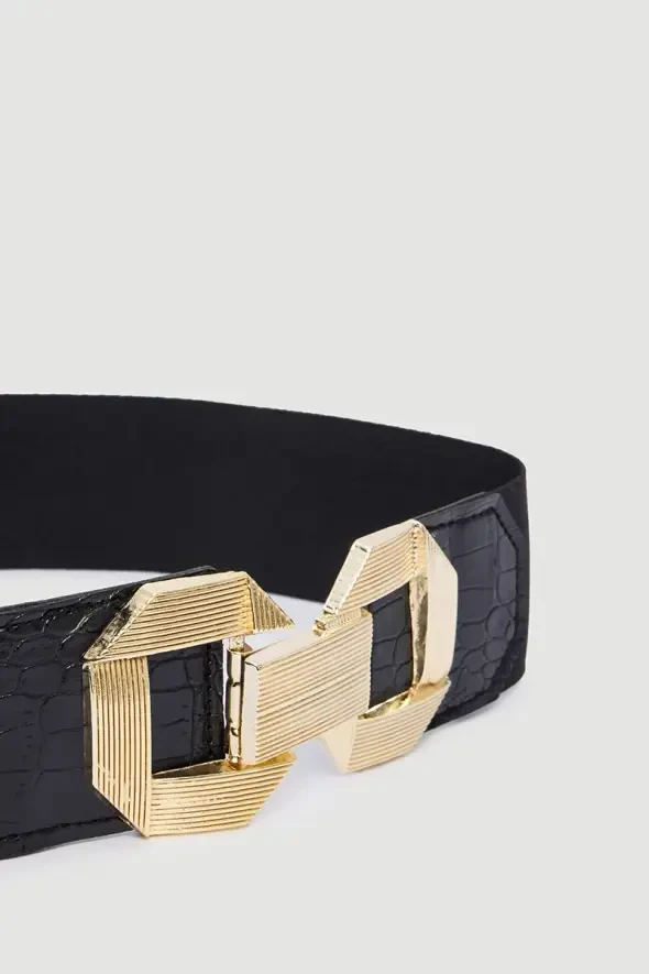 Gold Buckle Elastic Belt - Black - 2