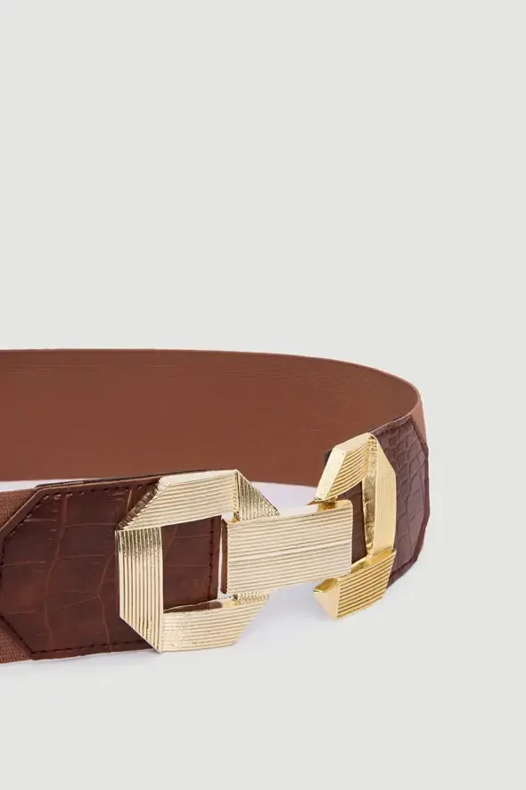 Gold Buckle Elastic Belt - Brown - 2