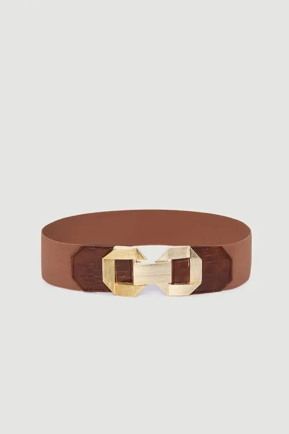 Gold Buckle Elastic Belt - Brown - 1