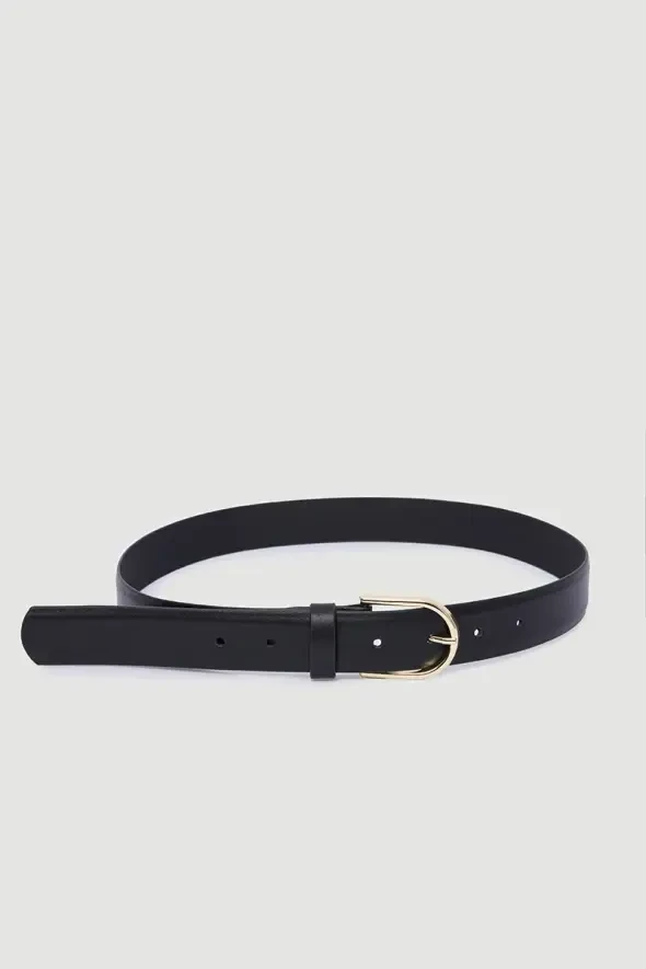 Gold Buckled Genuine Leather Belt - Black - 1