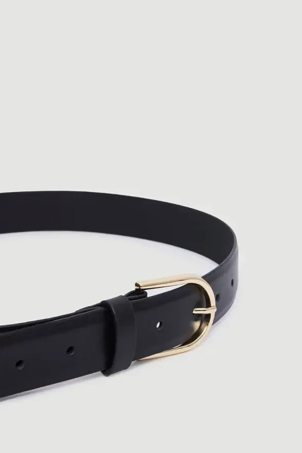 Gold Buckled Genuine Leather Belt - Black - 2