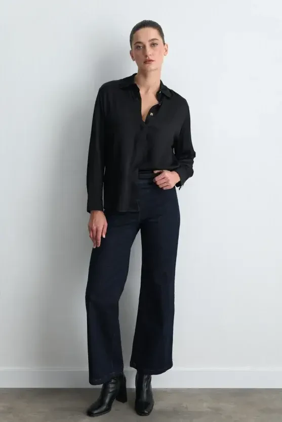 Gold Button Viscose Satin Shirt - Black - 3