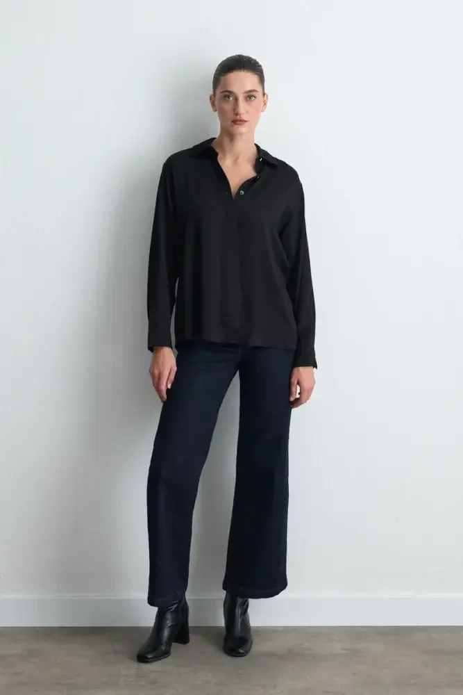 Gold Button Viscose Satin Shirt - Black