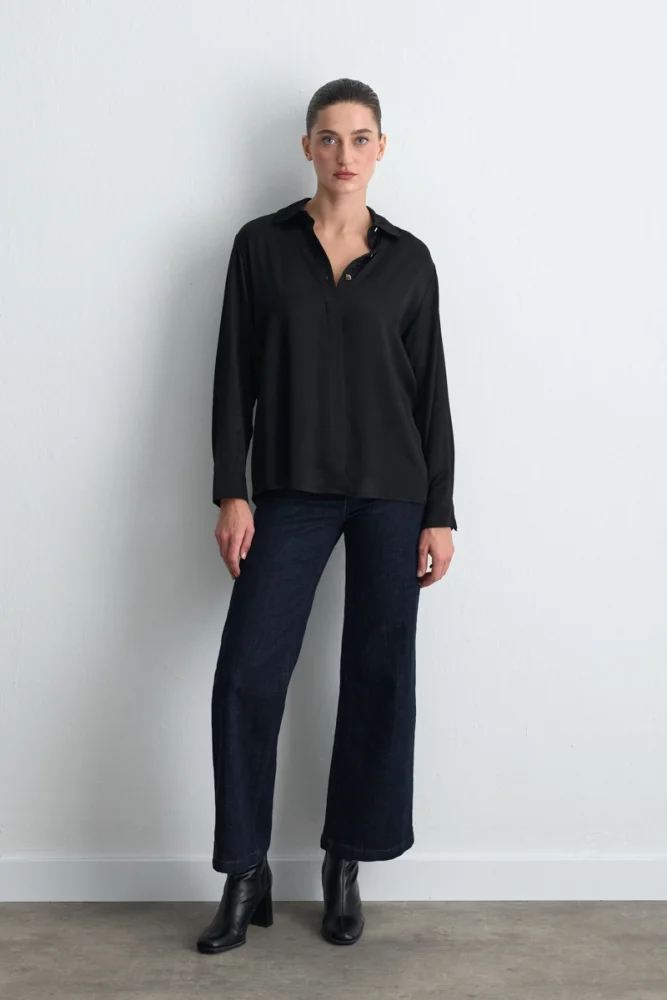 Gold Button Viscose Satin Shirt - Black