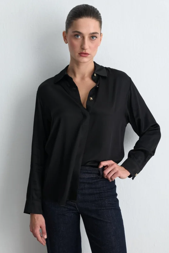 Gold Button Viscose Satin Shirt Black - Gusto