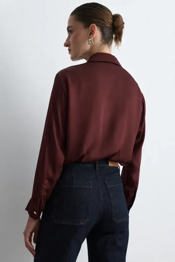 Gold Button Viscose Satin Shirt - Burgundy - Gusto