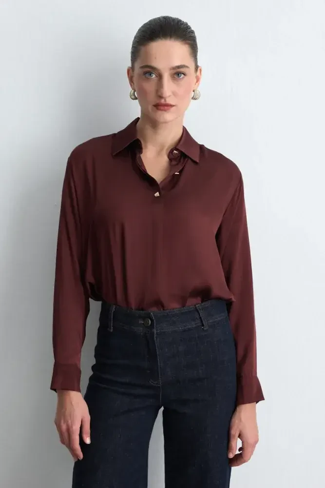 Gold Button Viscose Satin Shirt - Burgundy Burgundy