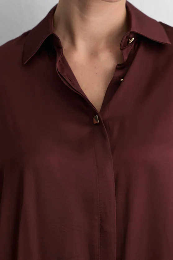 Gold Button Viscose Satin Shirt Burgundy - Gusto