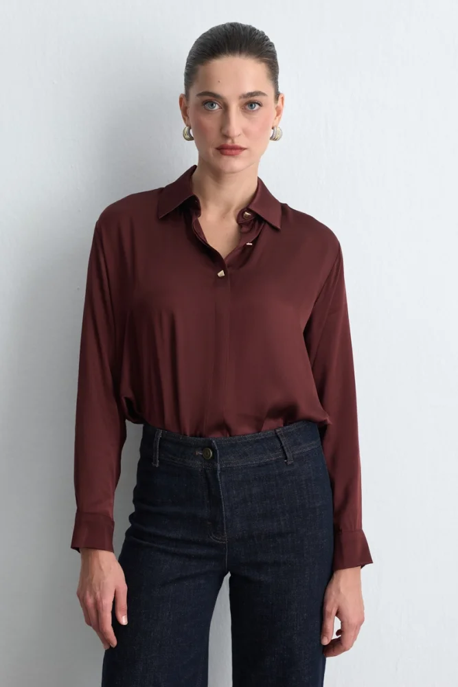 Gold Button Viscose Satin Shirt Burgundy Burgundy