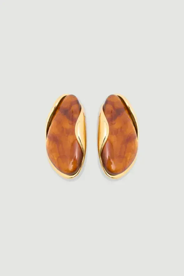 Gold Detailed Bone Earrings - Brown - 2