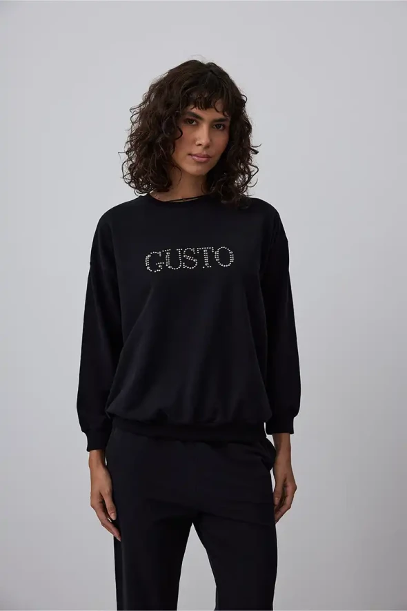 Gusto Stone Embroidered Sweatshirt - Black - 1