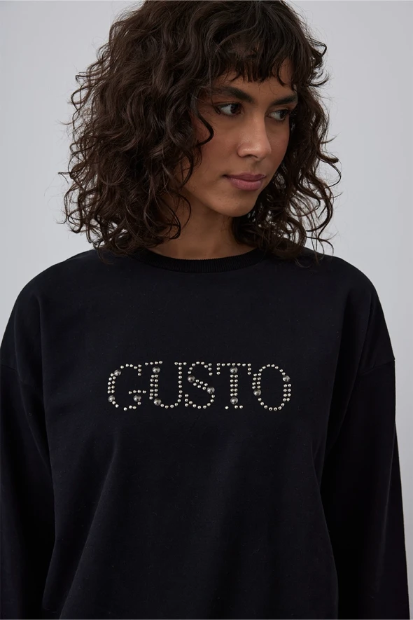 Gusto Stone Embroidered Sweatshirt - Black - 3