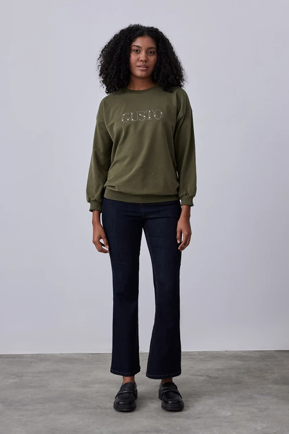 Gusto Stone Embroidered Sweatshirt - Khaki - 2