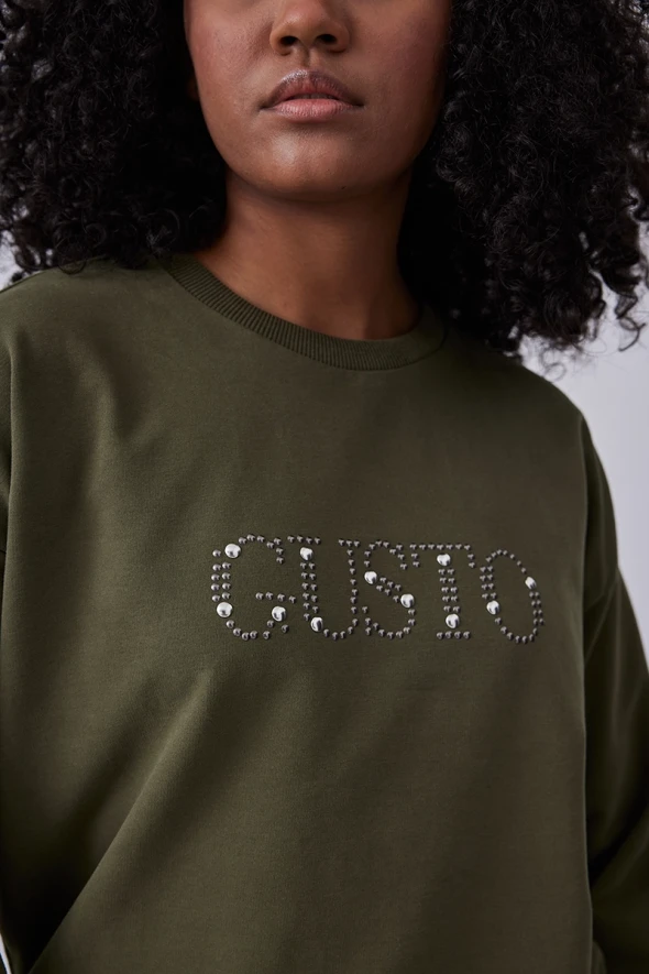 Gusto Stone Embroidered Sweatshirt - Khaki - 3