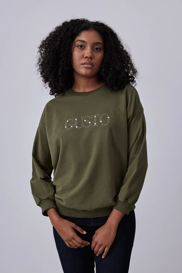 Gusto Stone Embroidered Sweatshirt - Khaki - 1