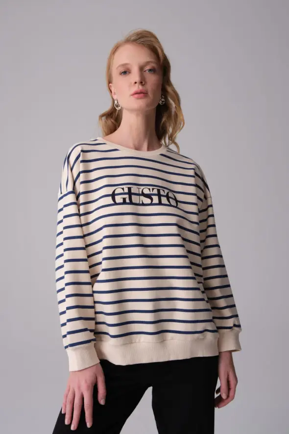 Gusto Striped Sweatshirt - Navy Blue - 1
