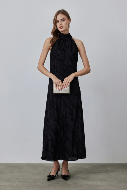 Halter Collar Long Evening Dress - Black Black