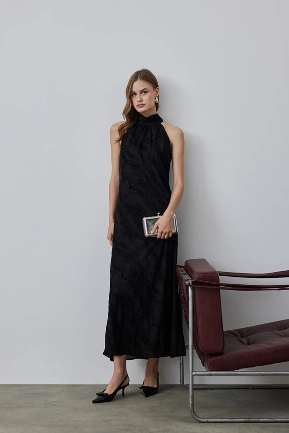 Halter Collar Long Evening Dress - Black - 2