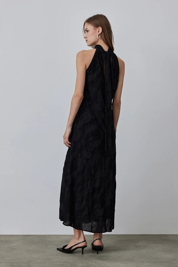 Halter Collar Long Evening Dress - Black - 7