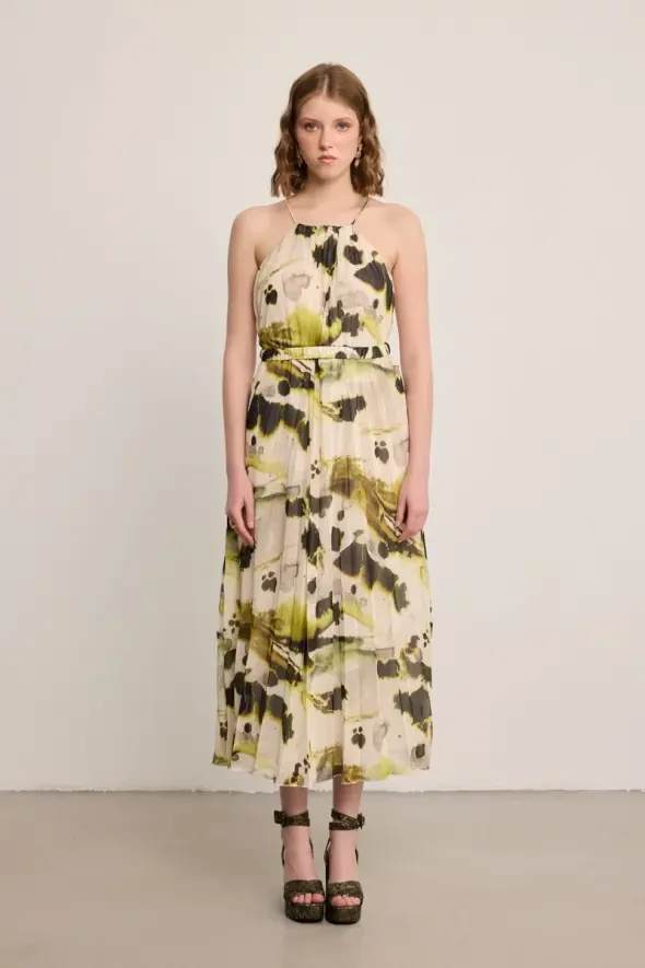 Halter Neck Belted Chiffon Dress - Multicolor - Gusto