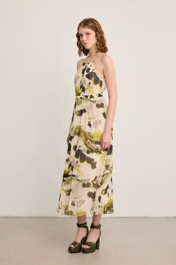 Halter Neck Belted Chiffon Dress - Multicolor - Gusto