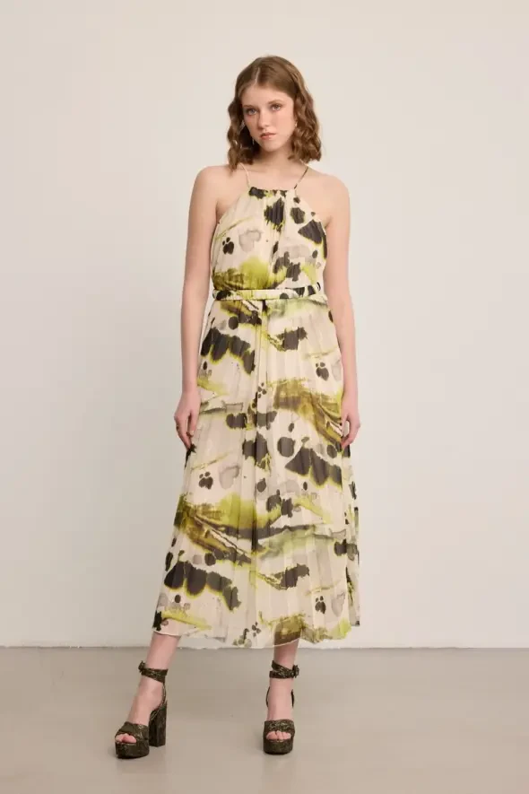 Halter Neck Belted Chiffon Dress - Multicolor - Gusto