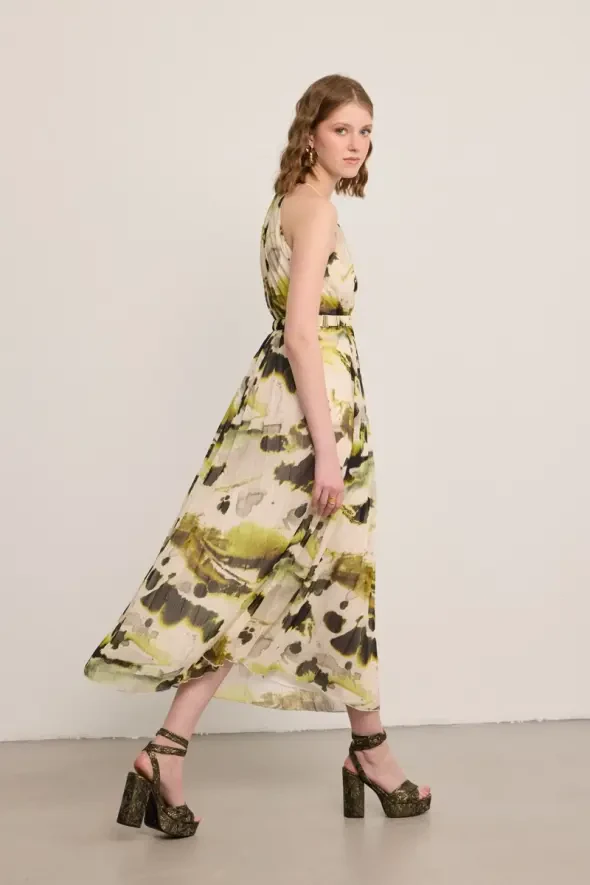 Halter Neck Belted Chiffon Dress - Multicolor - Gusto