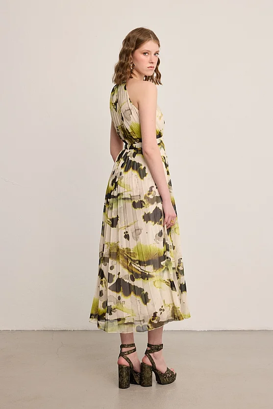 Halter Neck Belted Chiffon Dress - Multicolor - Gusto