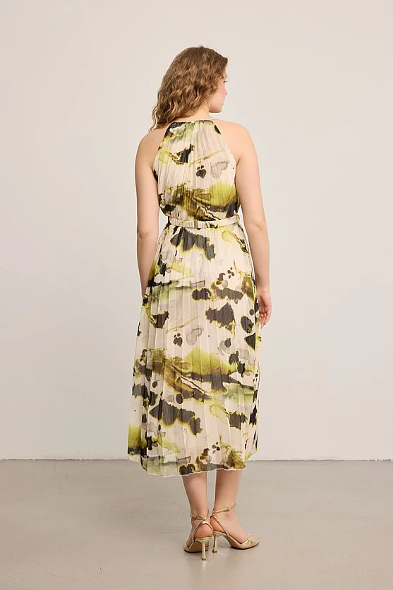 Halter Neck Belted Chiffon Dress - Multicolor - 9