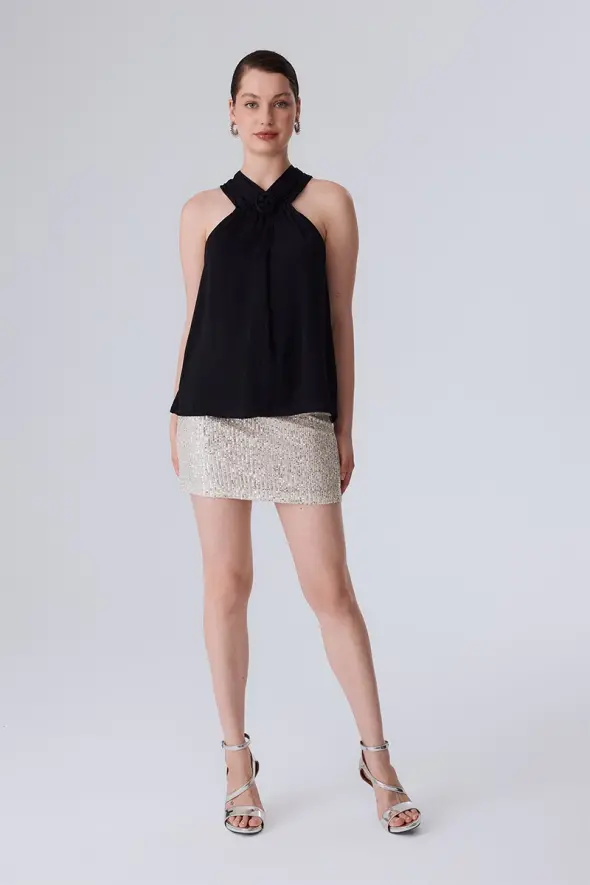 Halter Neck Blouse with Rose Brooch - Black - 2