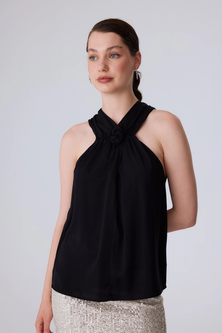 Halter Neck Blouse with Rose Brooch - Black Black