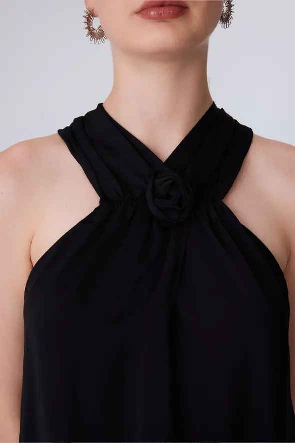 Halter Neck Blouse with Rose Brooch - Black - 3