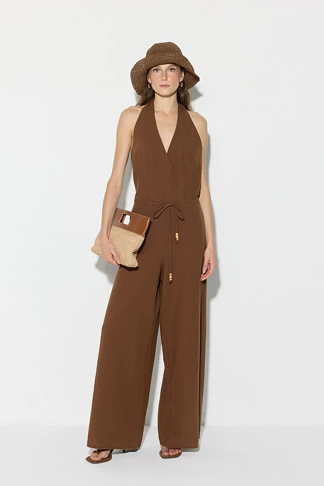Halter Neck Cotton Linen Jumpsuit - Brown Brown