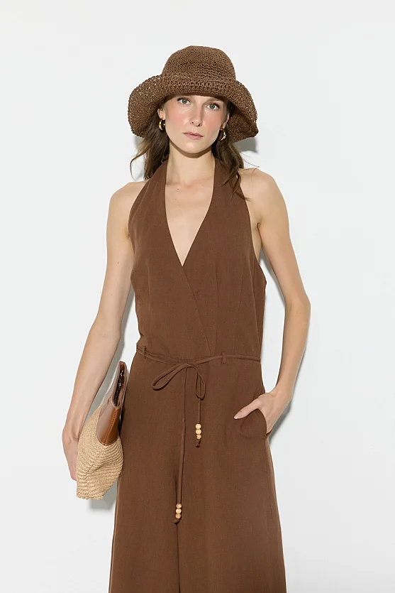 Halter Neck Cotton Linen Jumpsuit - Brown - Gusto