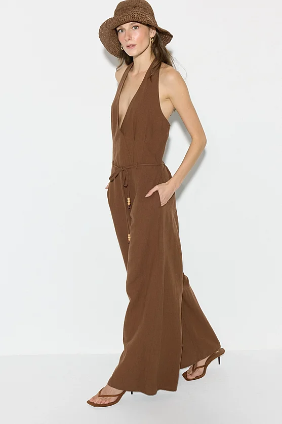 Halter Neck Cotton Linen Jumpsuit - Brown - Gusto