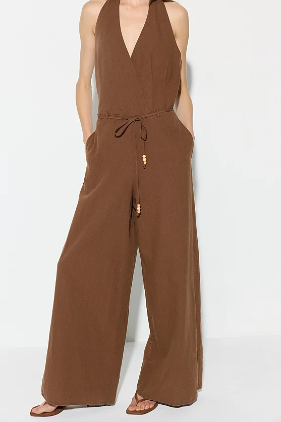 Halter Neck Cotton Linen Jumpsuit - Brown - Gusto